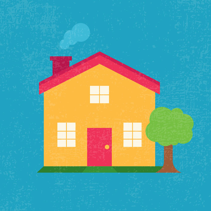 Una encantadora casa de dibujos animados con un árbol y una chimenea, creando un ambiente acogedor y acogedor.